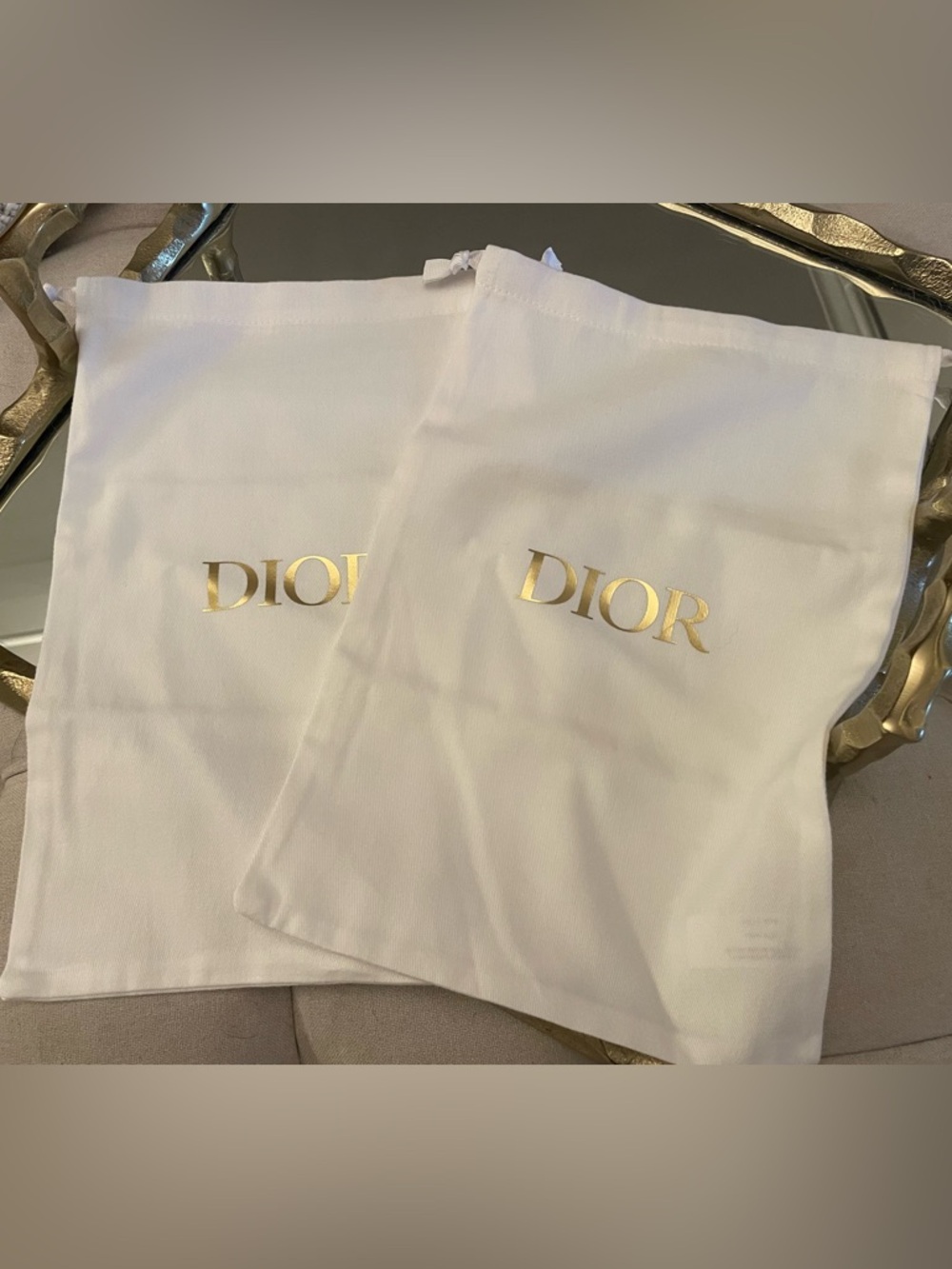 Dior White Drawstring Pouches with Gold Logo/set of 2